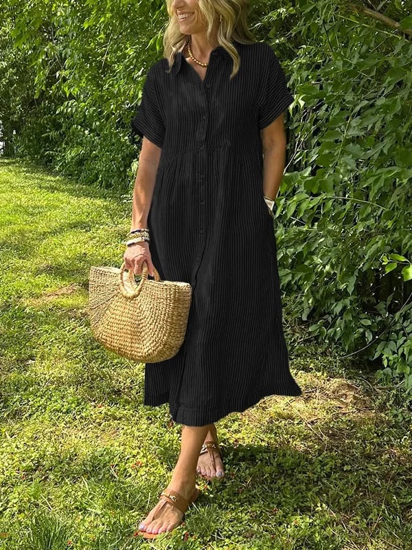 Striped Midi Shirt Dress with Pockets for Women
