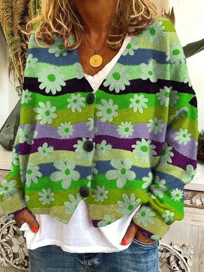 Floral Stripe Loose Knit Cardigan for Women