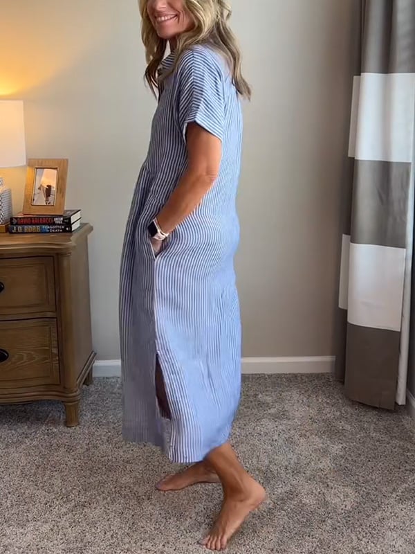 Striped Midi Shirt Dress with Pockets for Women