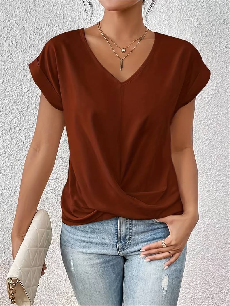 V-Neck Short Sleeve Tie Front Top for Women