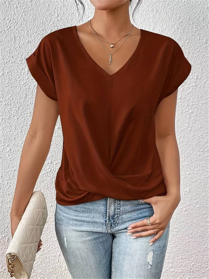 V-Neck Short Sleeve Tie Front Top for Women
