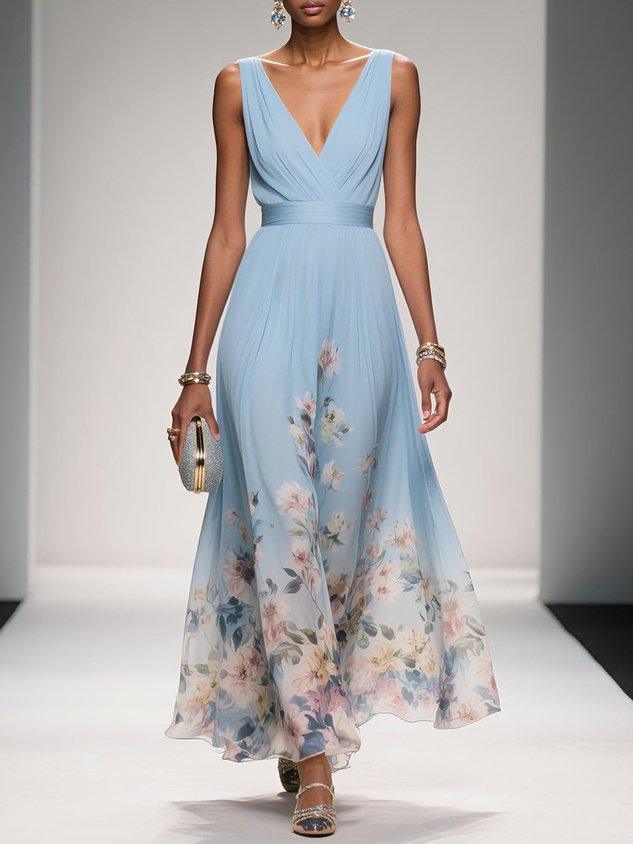 Floral Deep V-Neck Midi Dress for Women