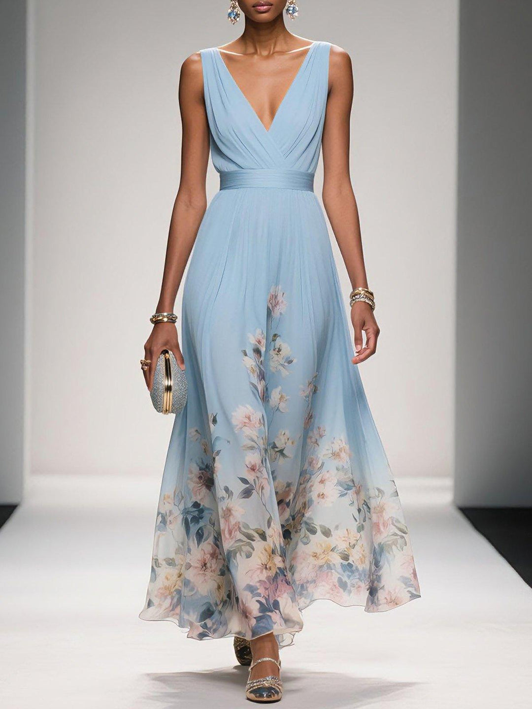 Floral Deep V-Neck Midi Dress for Women