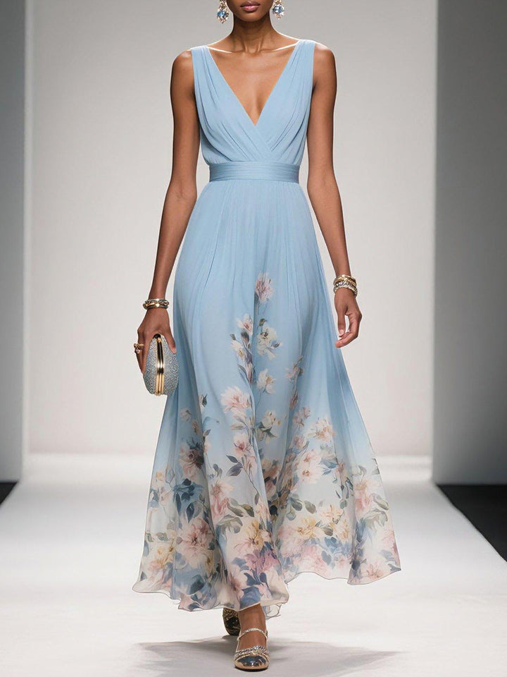 Floral Deep V-Neck Midi Dress for Women