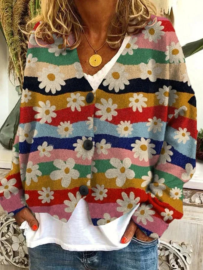 Floral Stripe Loose Knit Cardigan for Women