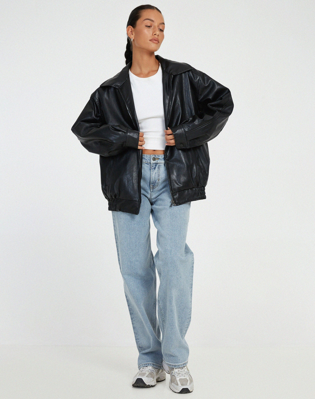 Oversized Faux Leather Zip Jacket for Women