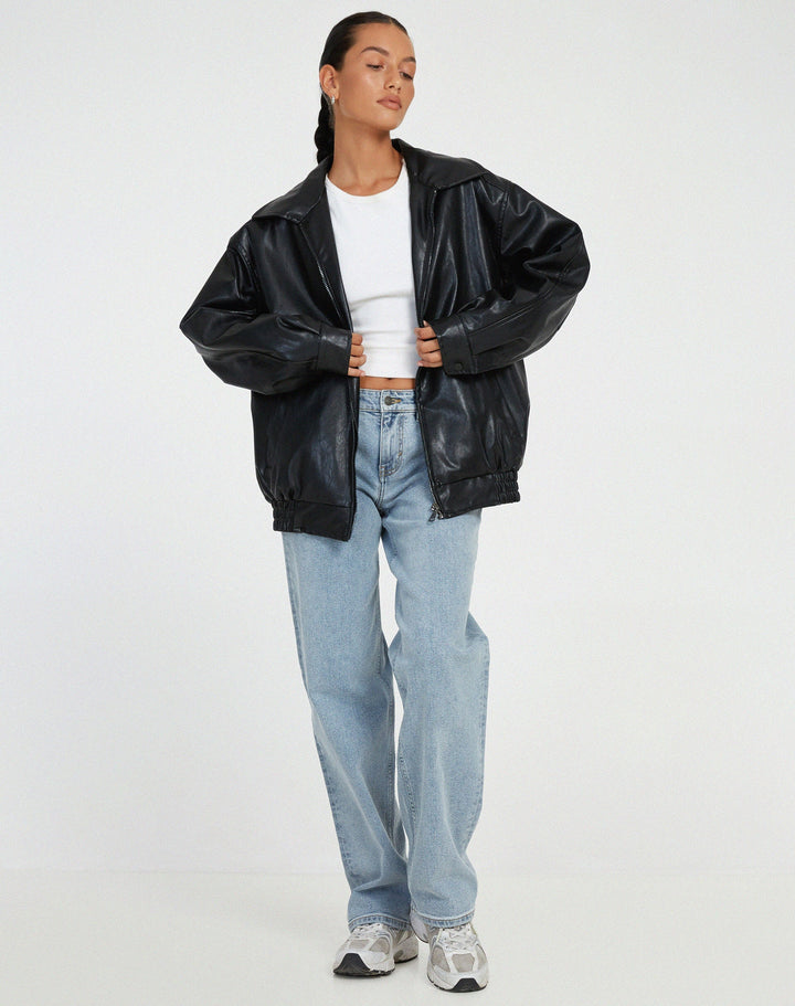 Oversized Faux Leather Zip Jacket for Women