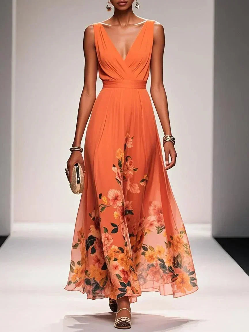 Floral Deep V-Neck Midi Dress for Women
