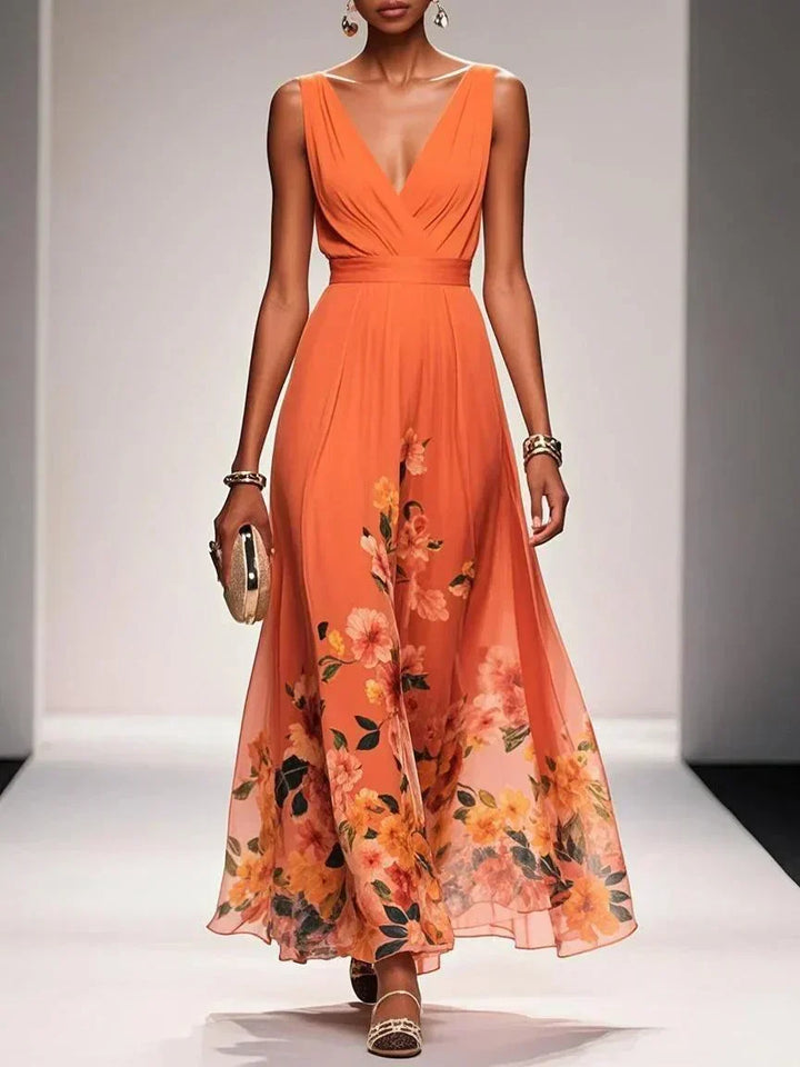 Floral Deep V-Neck Midi Dress for Women