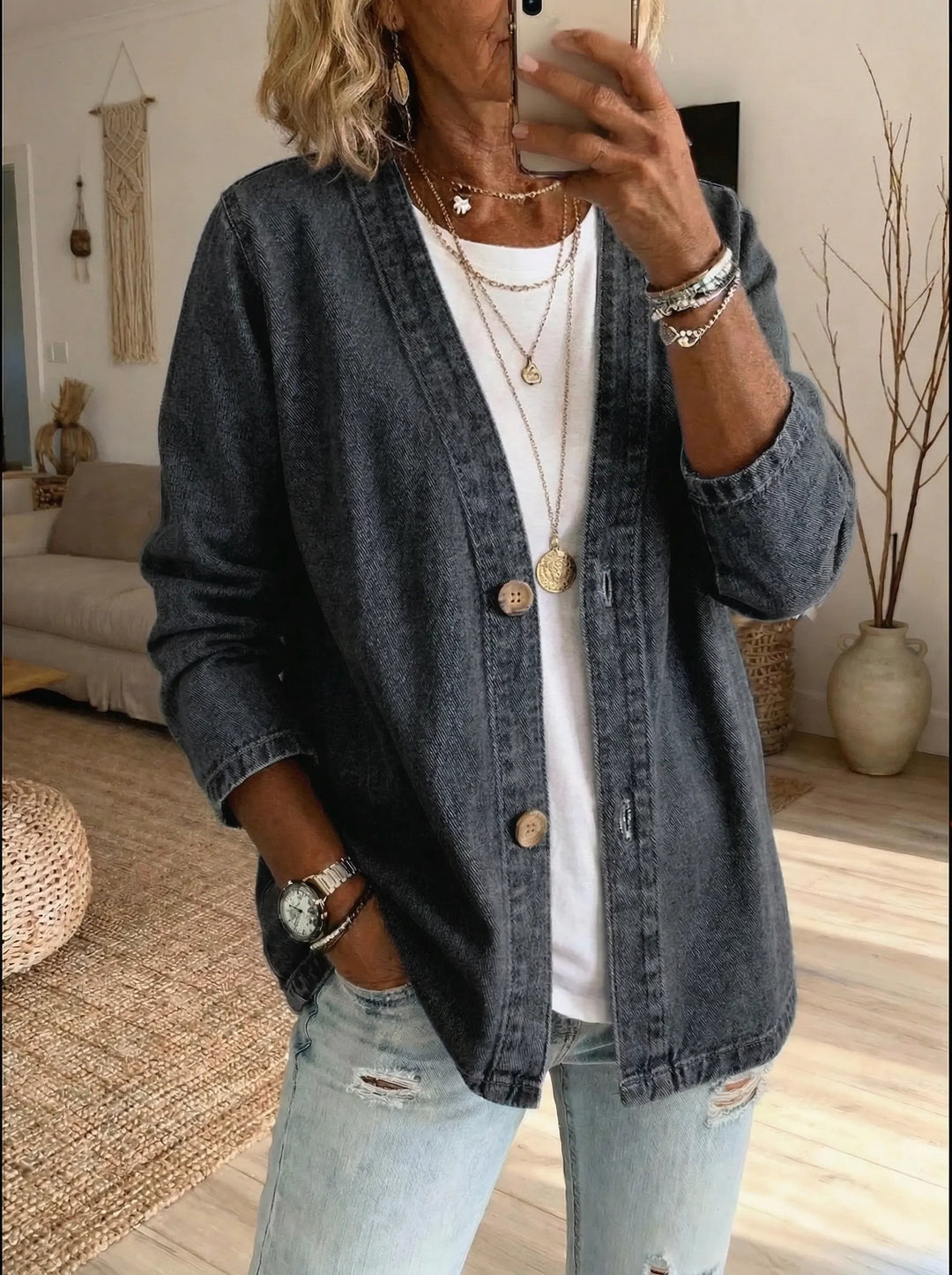 Buttoned Denim Cardigan for Women