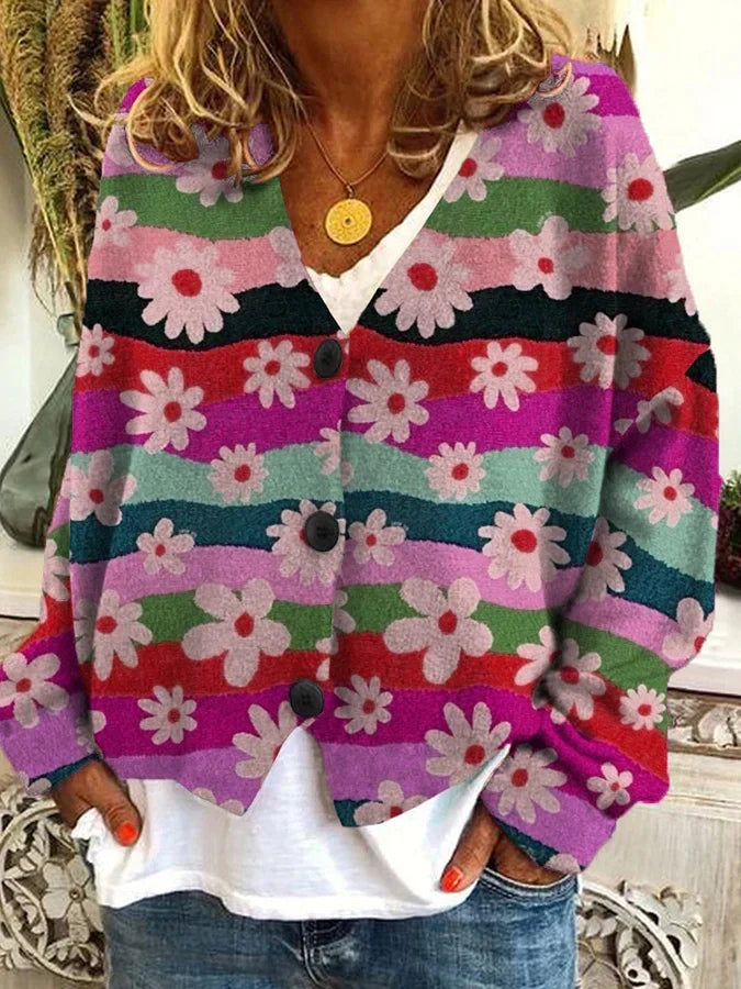 Floral Stripe Loose Knit Cardigan for Women