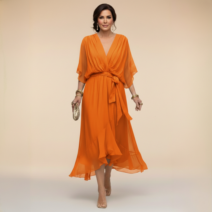 Belted V-Neck Chiffon Midi Dress for Women
