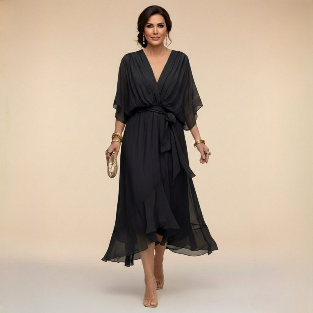 Belted V-Neck Chiffon Midi Dress for Women