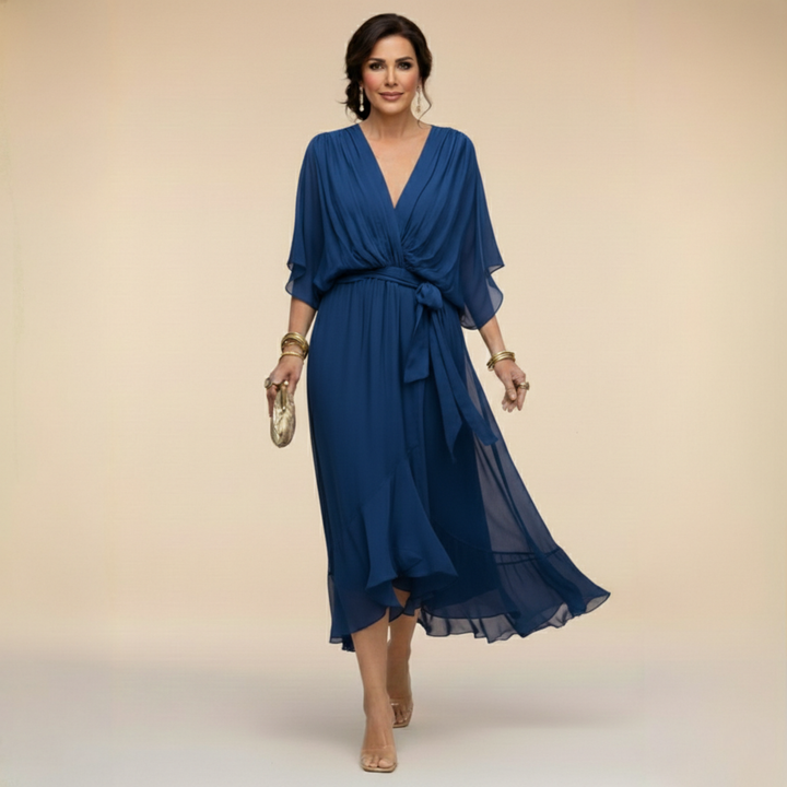 Belted V-Neck Chiffon Midi Dress for Women