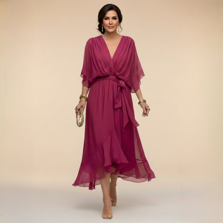 Belted V-Neck Chiffon Midi Dress for Women