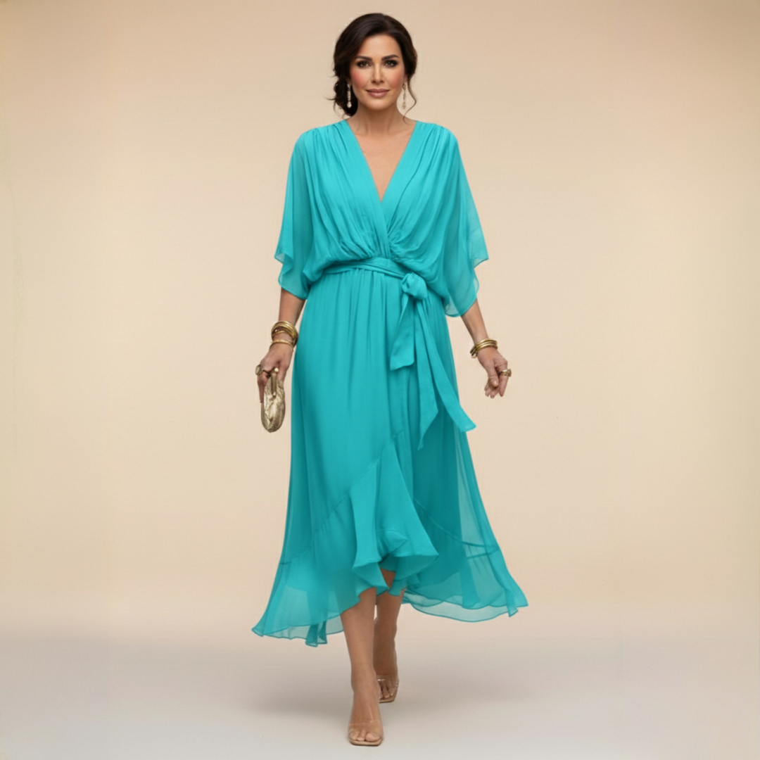 Belted V-Neck Chiffon Midi Dress for Women