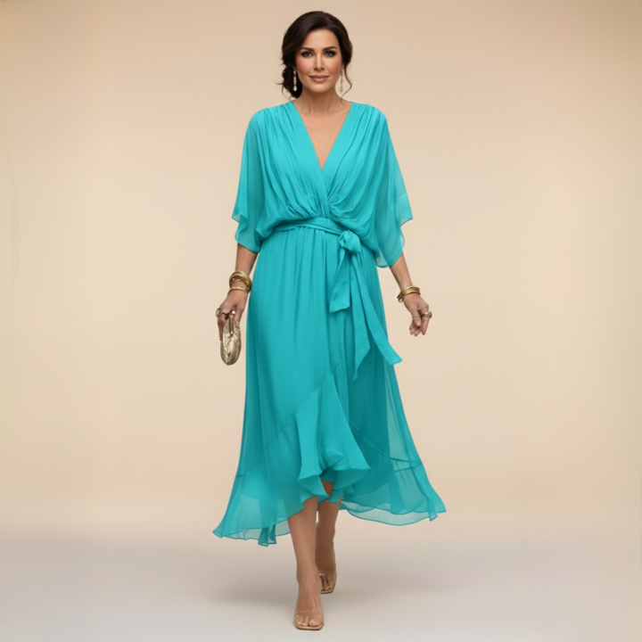 Belted V-Neck Chiffon Midi Dress for Women
