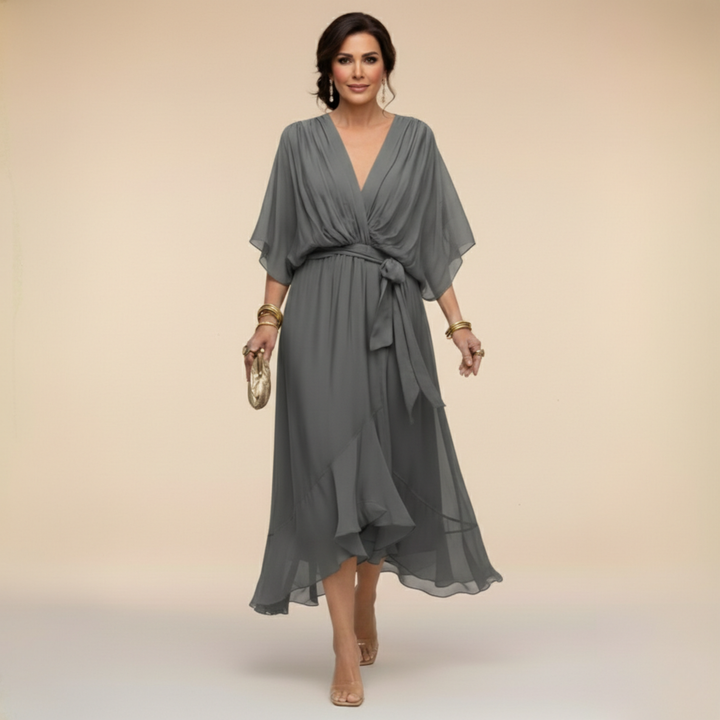 Belted V-Neck Chiffon Midi Dress for Women