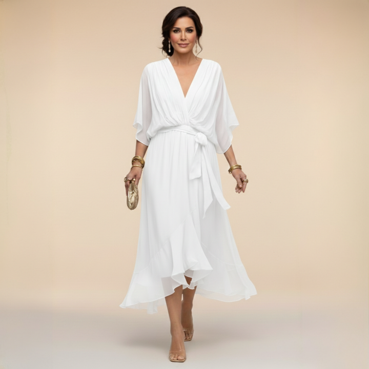 Belted V-Neck Chiffon Midi Dress for Women
