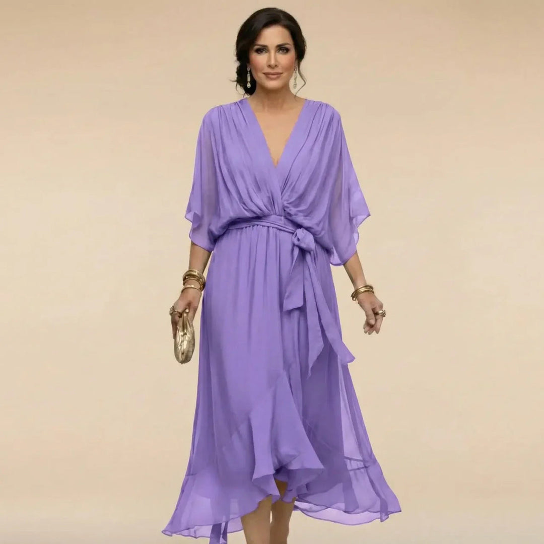 Belted V-Neck Chiffon Midi Dress for Women