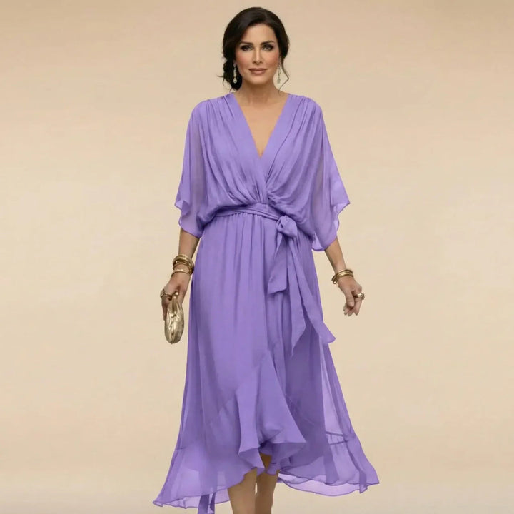 Belted V-Neck Chiffon Midi Dress for Women