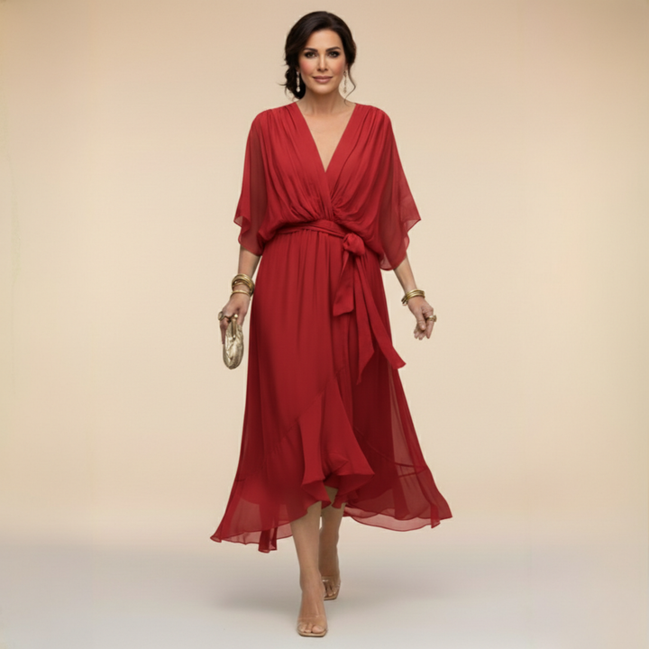 Belted V-Neck Chiffon Midi Dress for Women