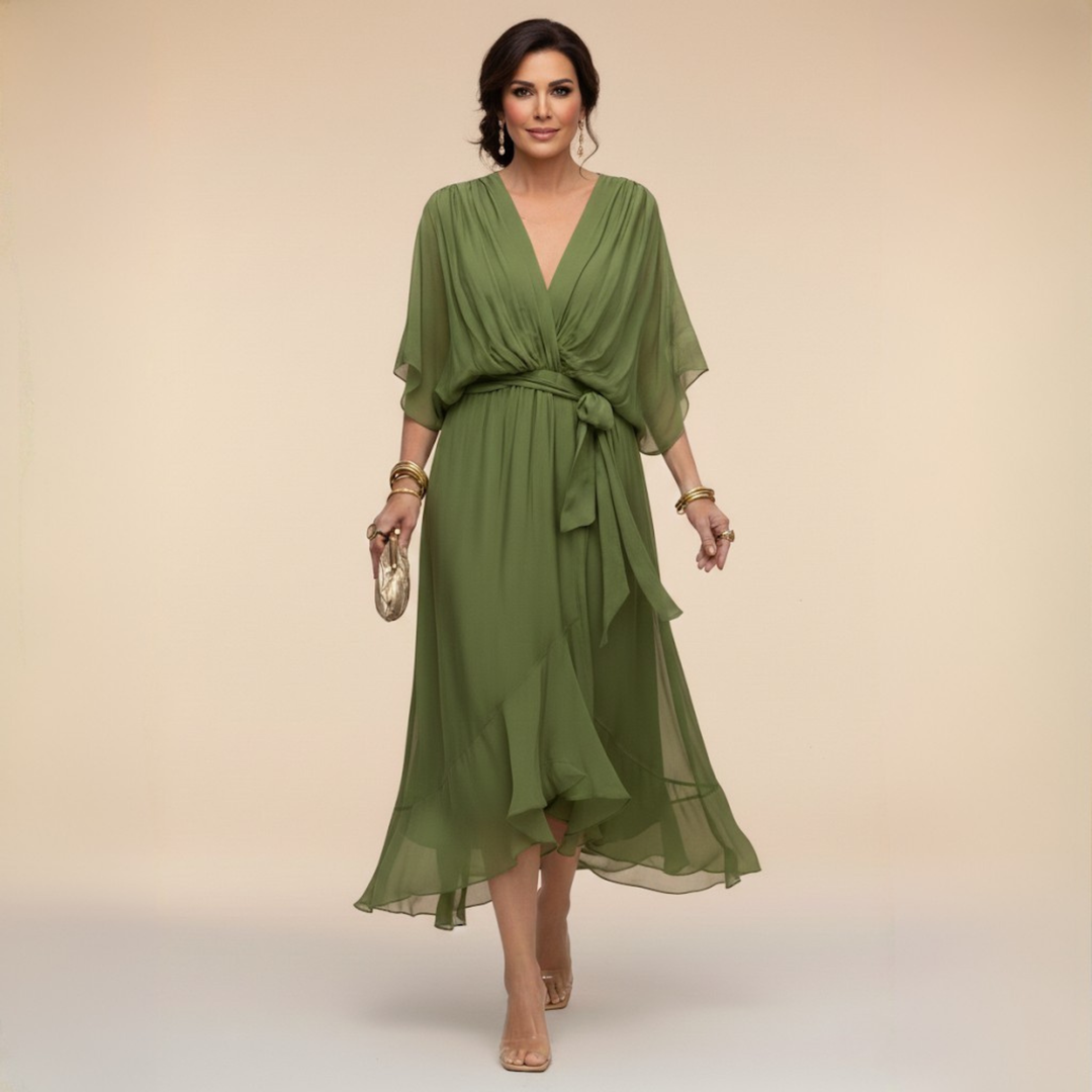 Belted V-Neck Chiffon Midi Dress for Women