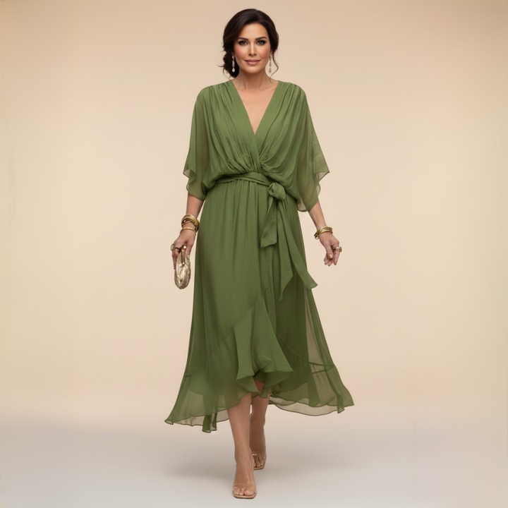 Belted V-Neck Chiffon Midi Dress for Women