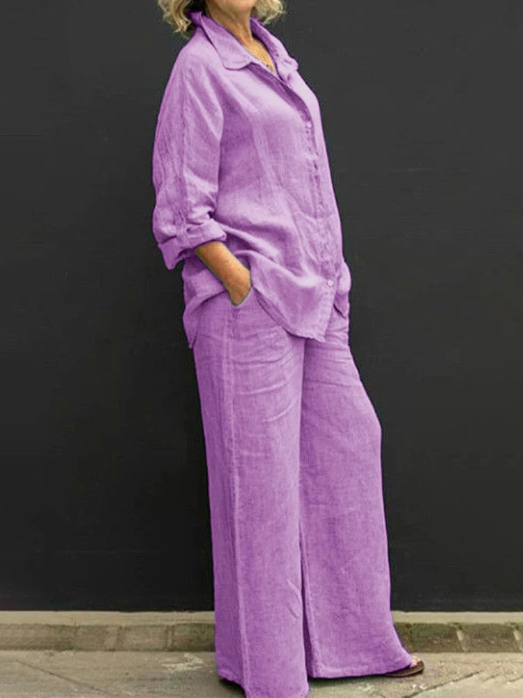 Linen Shirt and Wide Leg Trouser Set for Women