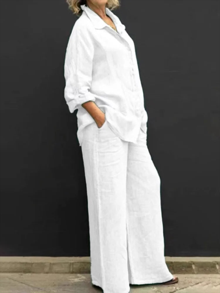 Linen Shirt and Wide Leg Trouser Set for Women