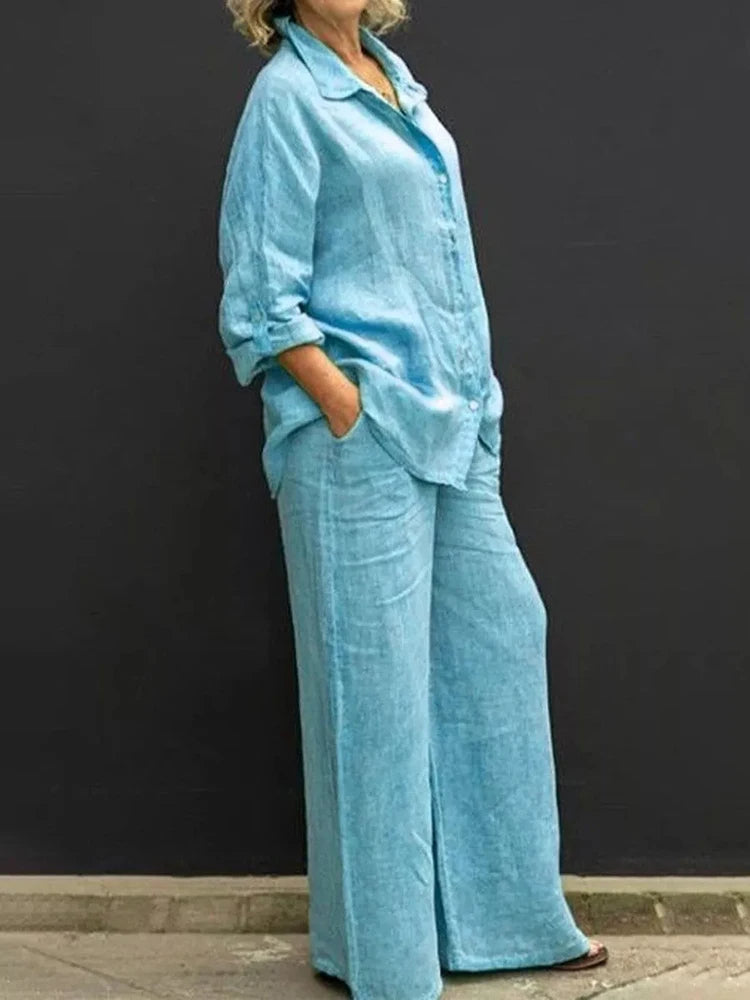 Linen Shirt and Wide Leg Trouser Set for Women