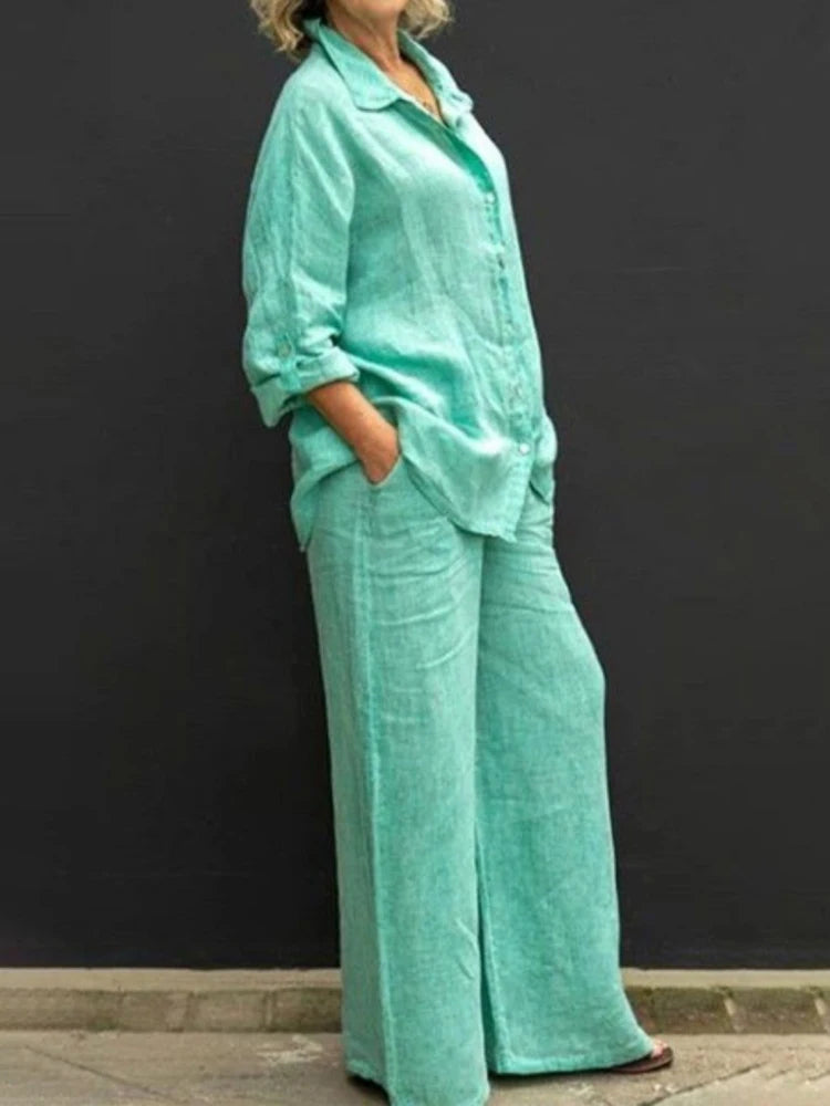 Linen Shirt and Wide Leg Trouser Set for Women