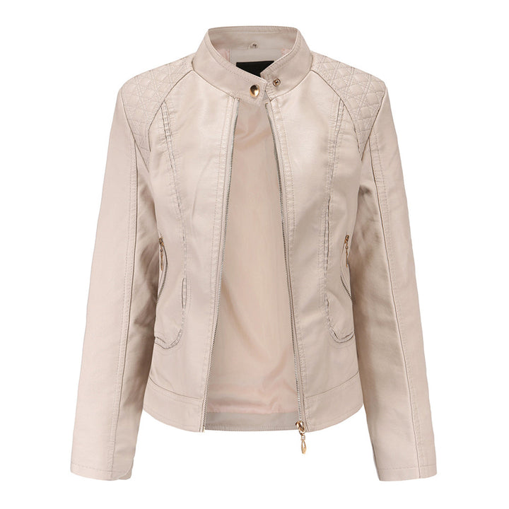 Leather Biker Jacket with Stand Collar for Women