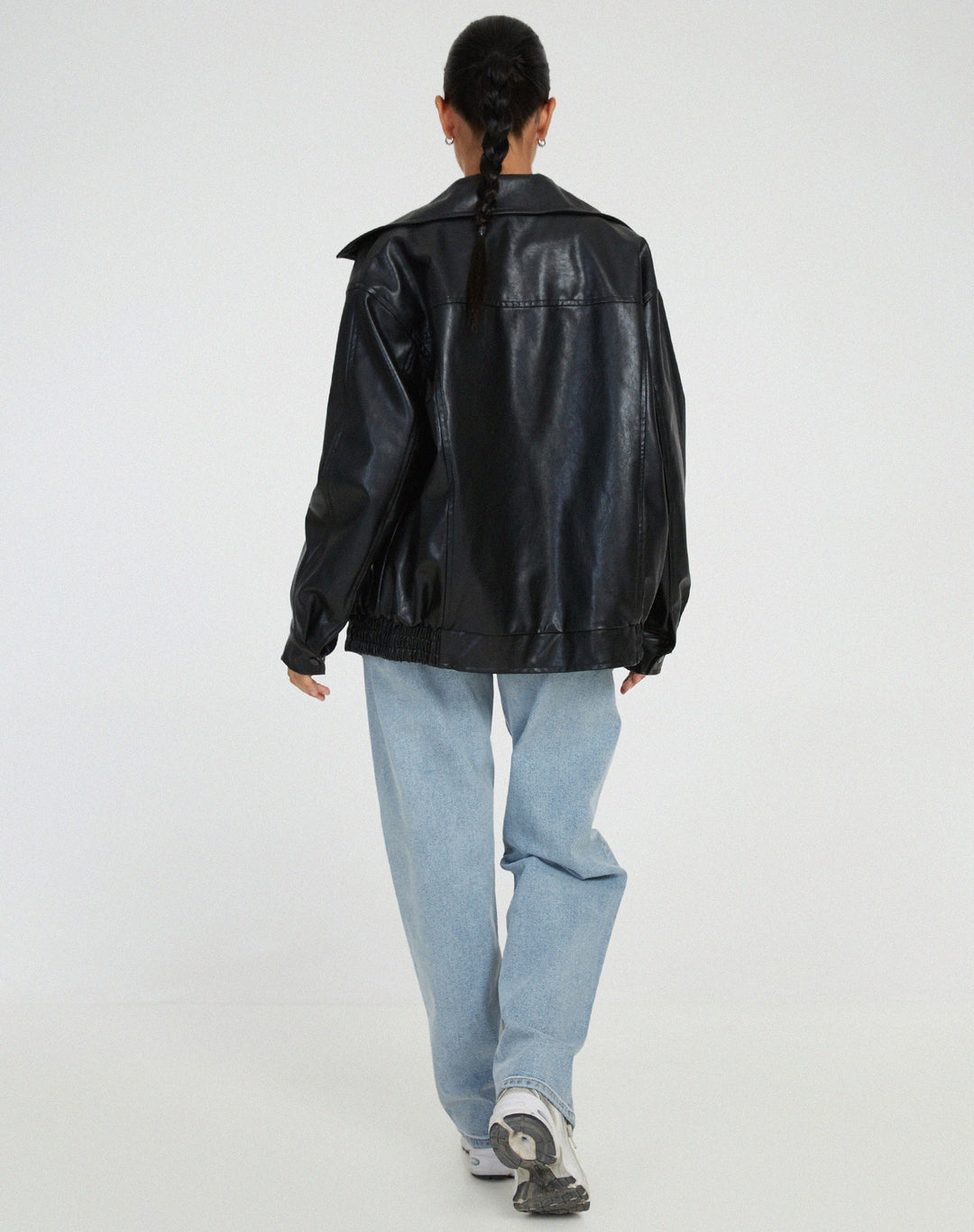 Oversized Faux Leather Zip Jacket for Women