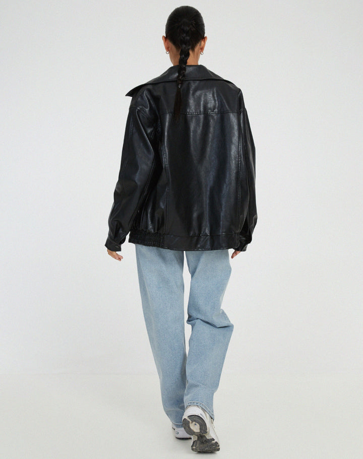 Oversized Faux Leather Zip Jacket for Women
