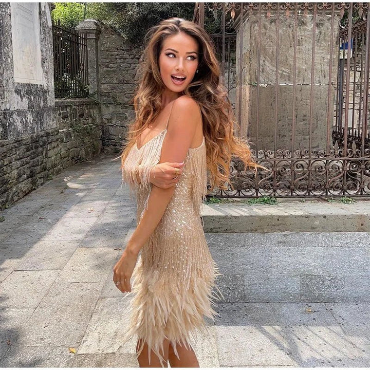 Feather Trim Mini Dress for Women