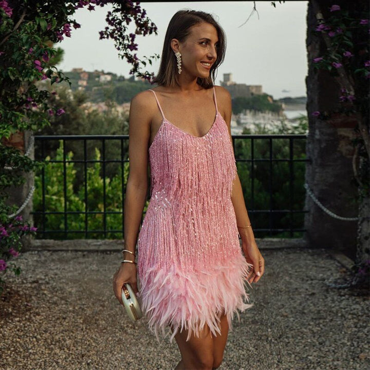 Feather Trim Mini Dress for Women
