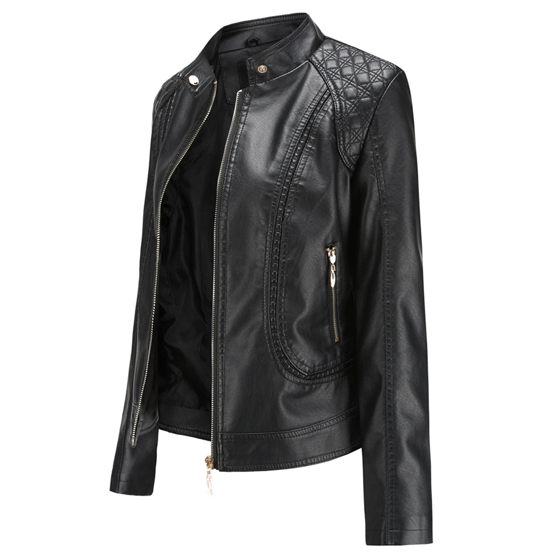 Leather Biker Jacket with Stand Collar for Women