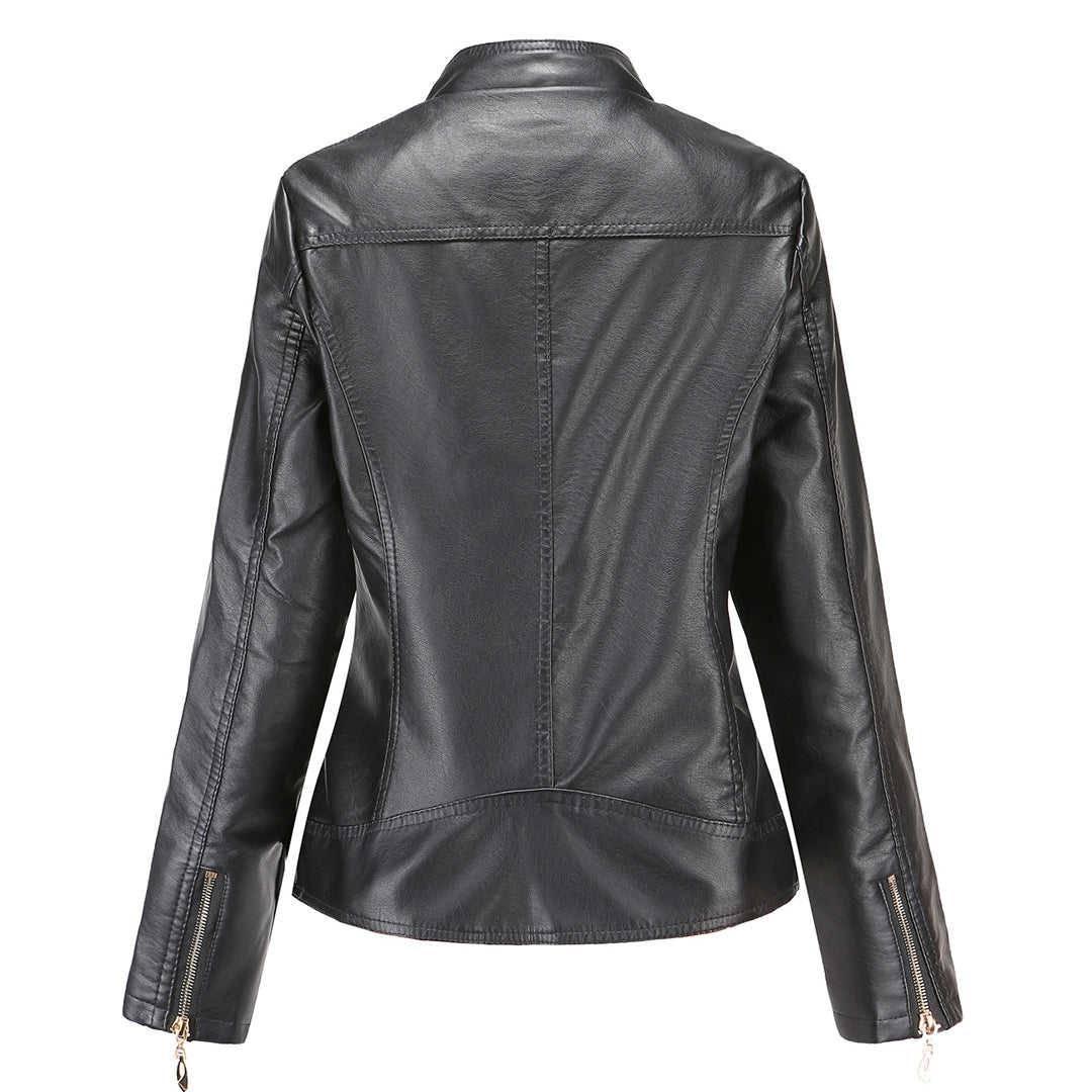 Leather Biker Jacket with Stand Collar for Women