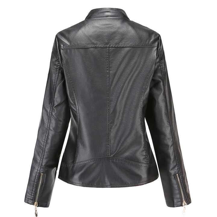 Leather Biker Jacket with Stand Collar for Women