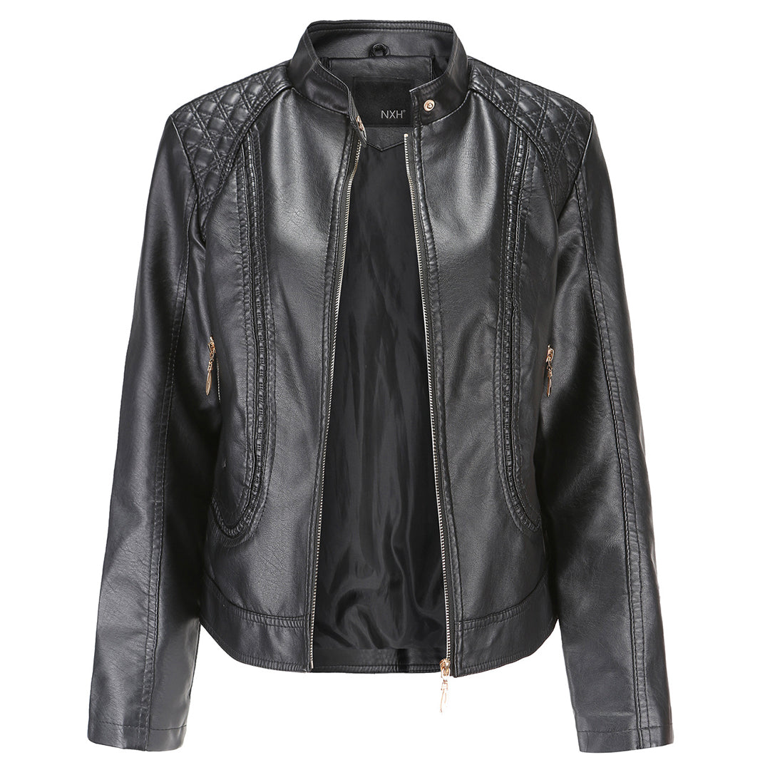 Leather Biker Jacket with Stand Collar for Women