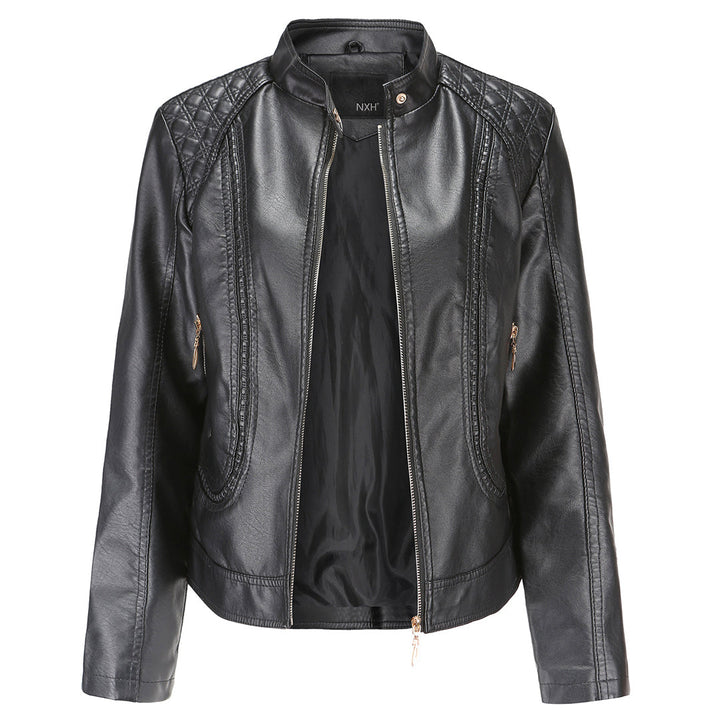 Leather Biker Jacket with Stand Collar for Women