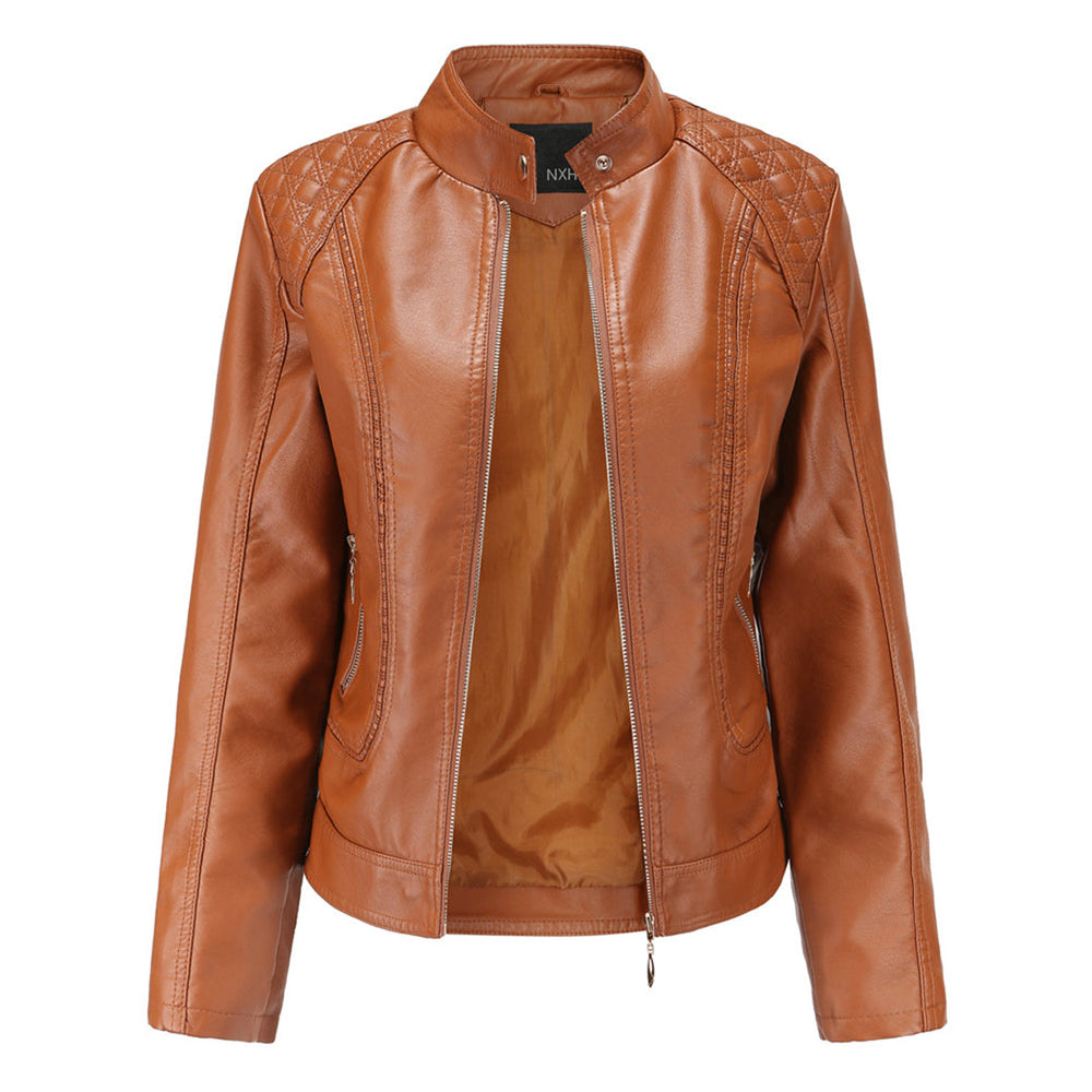 Leather Biker Jacket with Stand Collar for Women