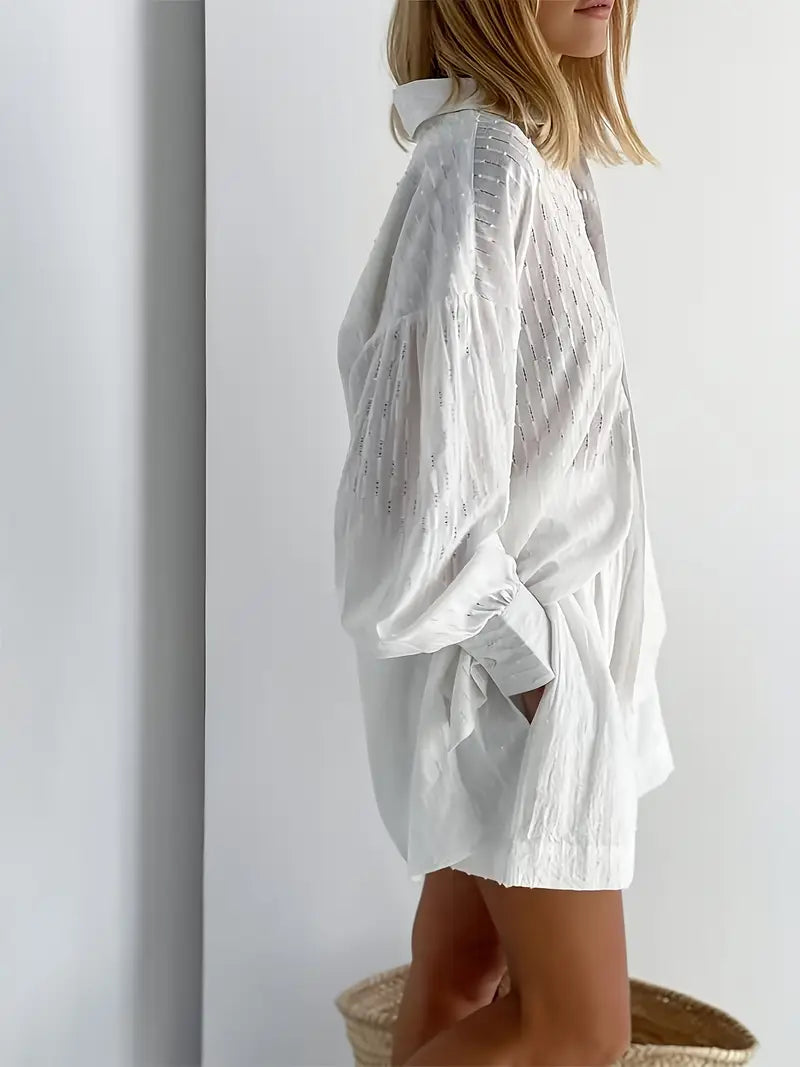 Button Up Shirt and Shorts Two Piece Set for Women