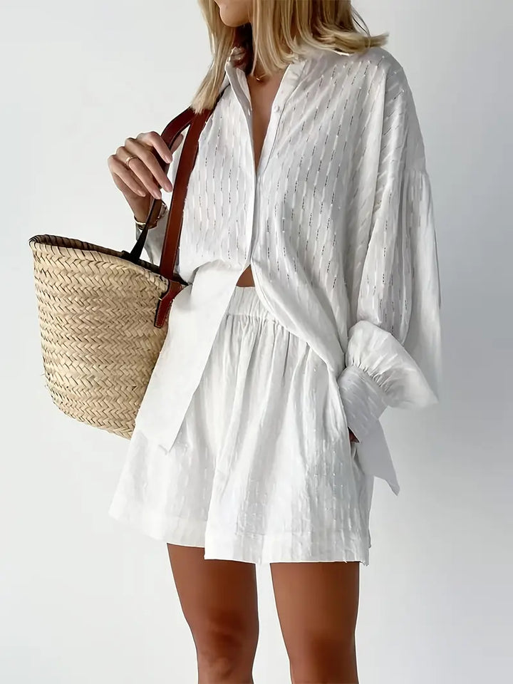 Button Up Shirt and Shorts Two Piece Set for Women