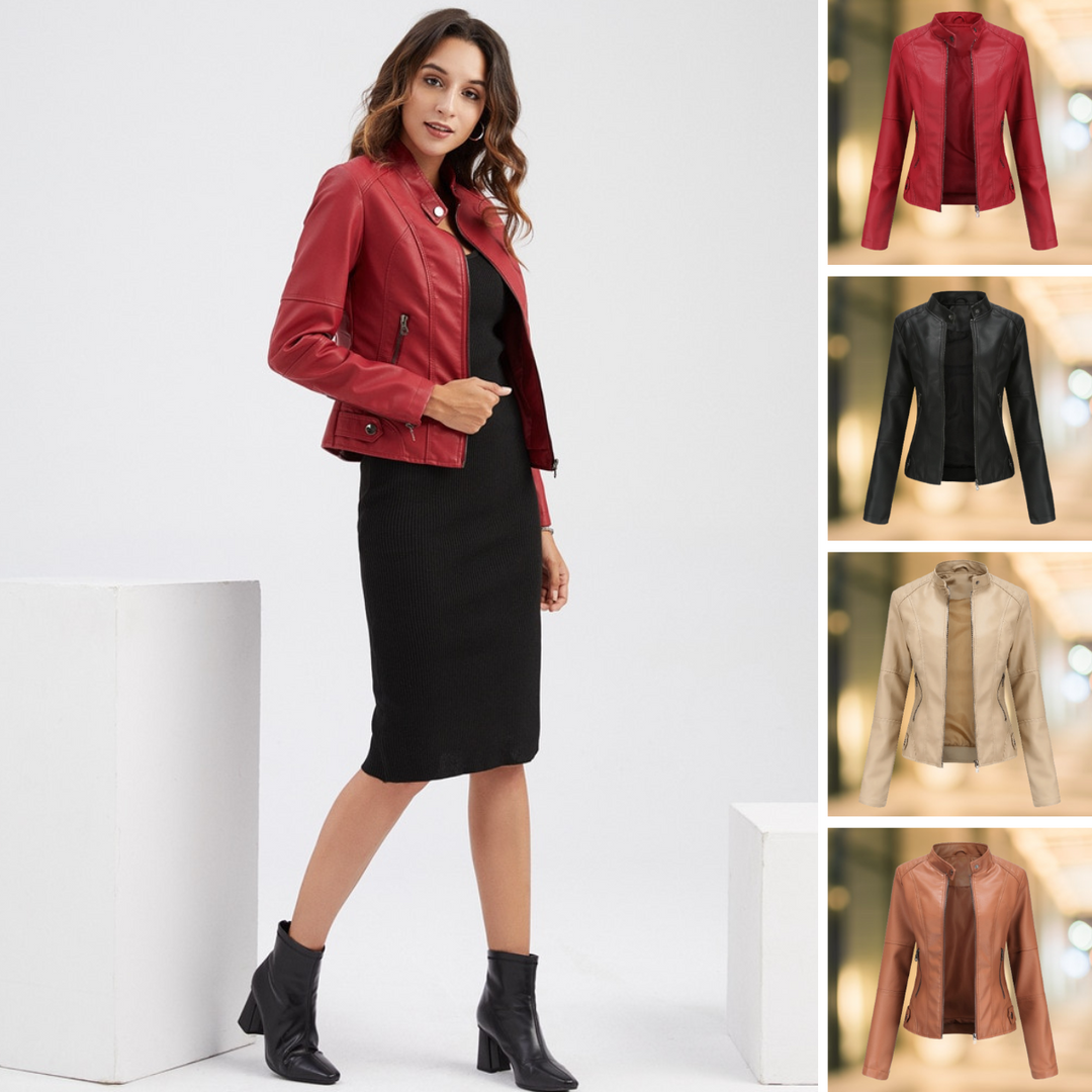 Stand Collar Leather Jacket for Women