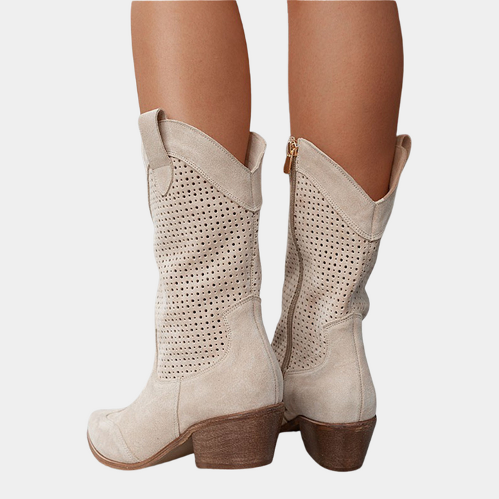 Perforated Block Heel Western Boots for Women