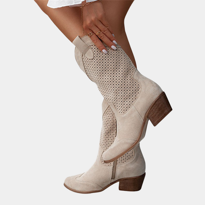 Perforated Block Heel Western Boots for Women