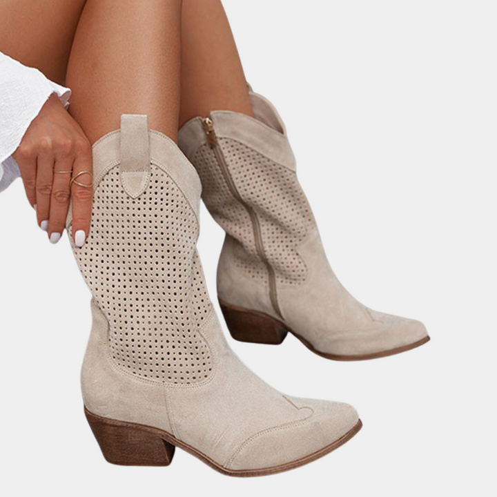 Perforated Block Heel Western Boots for Women