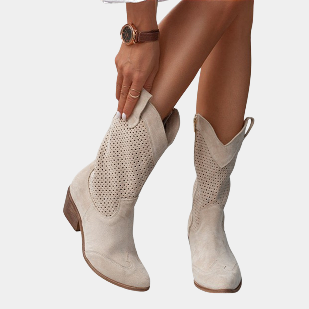 Perforated Block Heel Western Boots for Women
